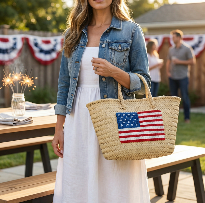 Moroccan Straw Tote with USA Flag – Beach & Market Bag