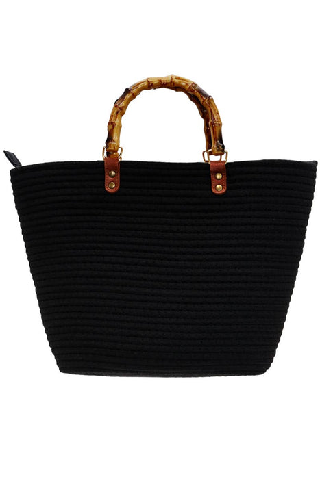 Oversized Faux Bamboo Handle Braided Woven Beach Tote Bag