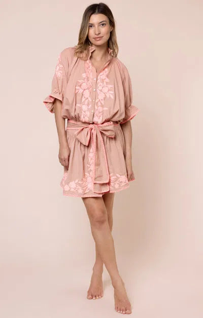 Juliet Dunn BLOUSON DRESS W/FLORAL EMBRO & STITCH EDGING
