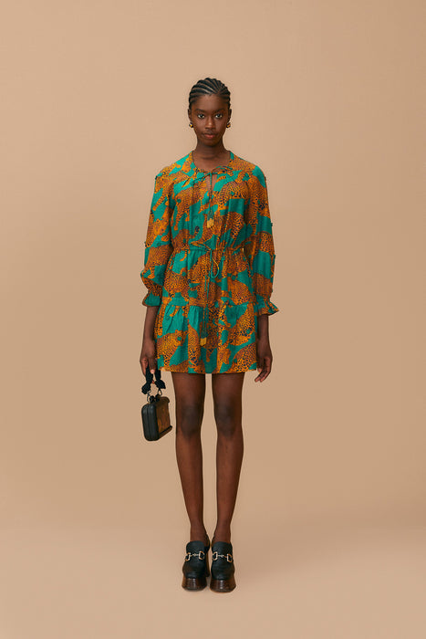 Farm Rio Artsy Leopards Green L/S Mini Dress
