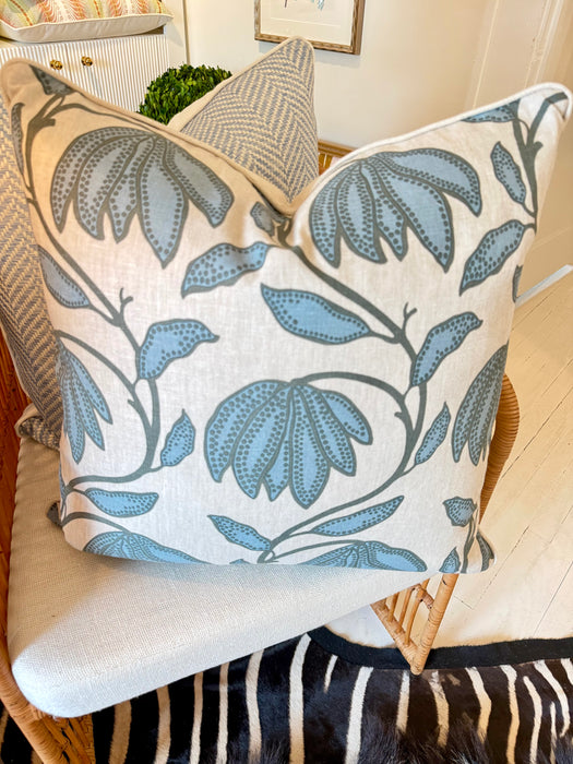 Blue floral and linen backed 22 x 22 custom pillow