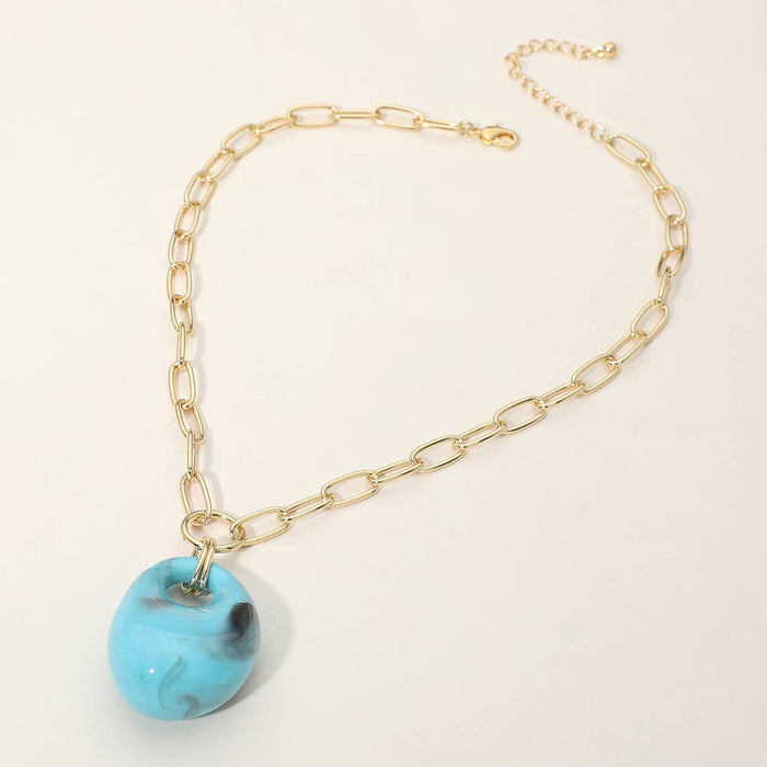 Chunky Marbled Resin Pendant Paperclip Chain Necklcae
