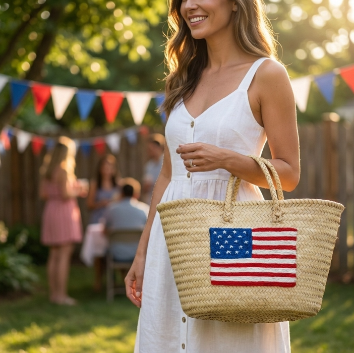 Moroccan Straw Tote with USA Flag – Beach & Market Bag