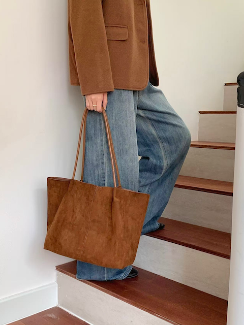 Suede Leather Tote w/Cosmetic Pouch
