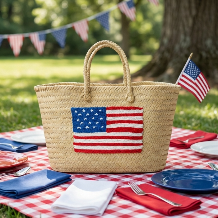 Moroccan Straw Tote with USA Flag – Beach & Market Bag