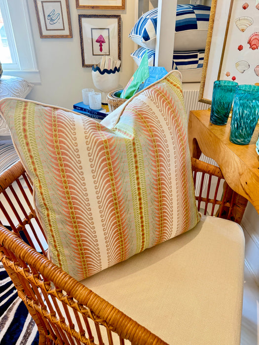 Custom 22 inch green, blue peach and tan striped pillow