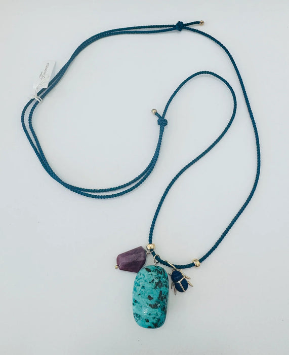 Theodosia Kumihimo silk cord charm necklace,teal with rubylite, turquoise, and lapis scarab