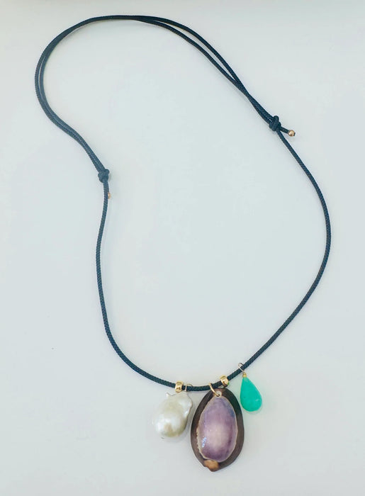 Theodosia Kumihimo silk cord charm necklace, navy with pearl, chrysoprase, and purple cowrie shell