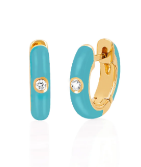 EF COLLECTION 14K SINGLE DIAMOND TURQUOISE ENAMEL HUGGIE EARRING