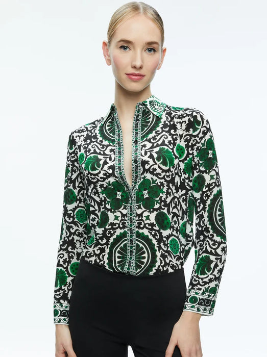 Alice and Olivia Willa Placket Monarch Light Emerald Top