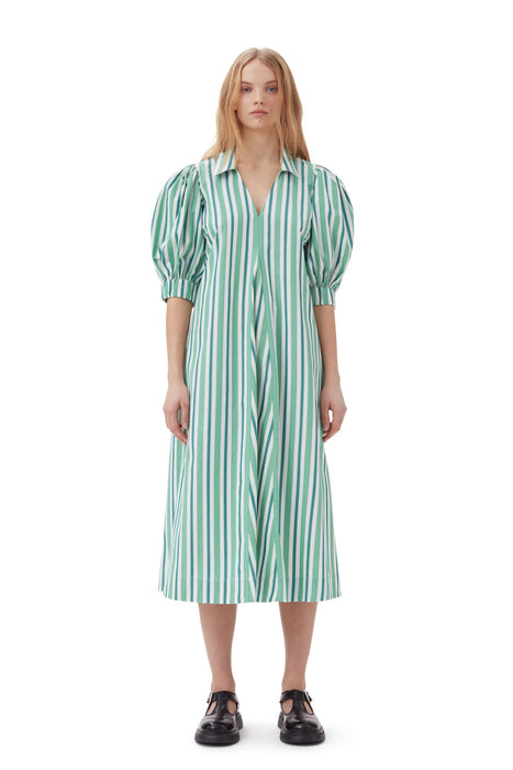 Ganni Green Stripe Collar Cotton Dress