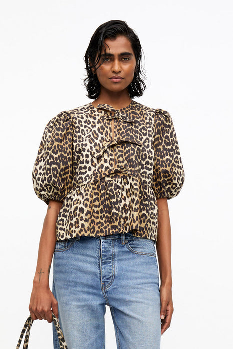 Ganni Printed Cotton Poplin Peplum Blouse