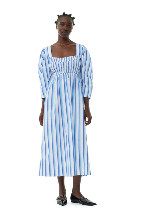 Ganni Stripe Cotton Open Neck Smock Long Dress