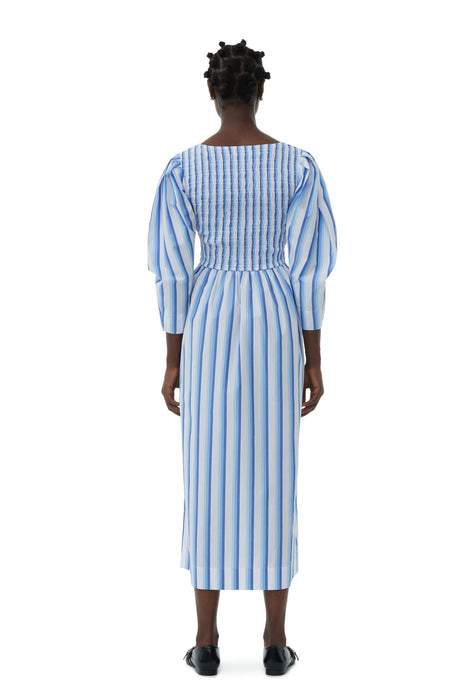 Ganni Stripe Cotton Open Neck Smock Long Dress