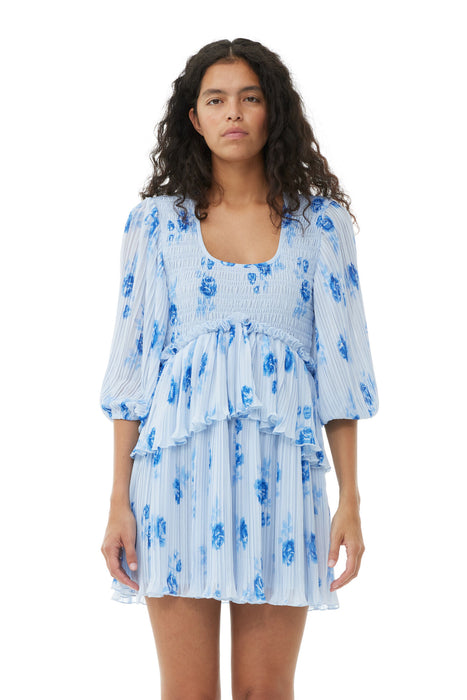 Ganni Pleated Georgette Flounce Mini Dress