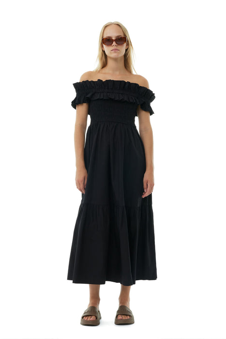 Ganni Black Cotton Poplin Long Smock Dress