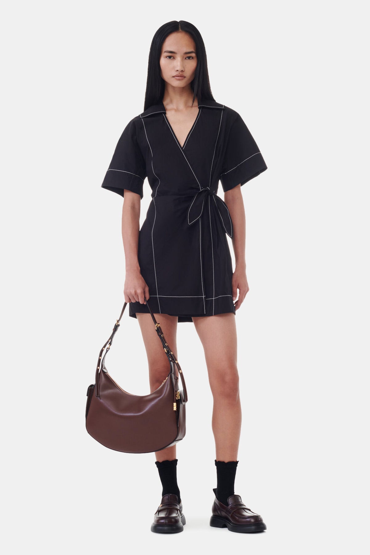 white christmas dresses Ganni Black Cotton Poplin Wrap Mini Dress– HIVE