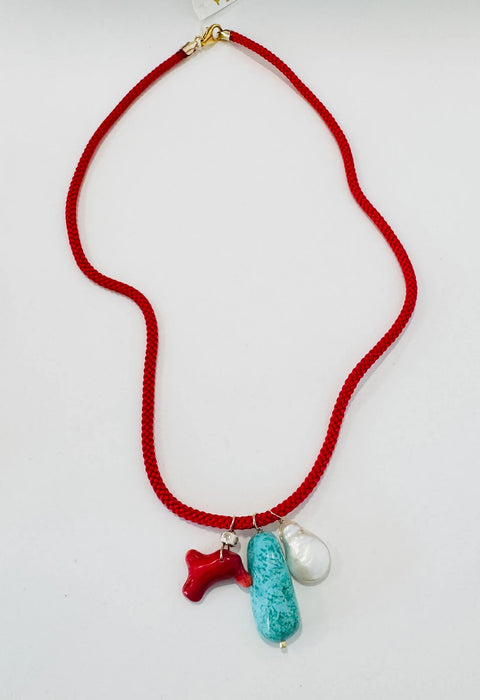 Theodosia Kumihimo Silk Cord Charm Necklace Red w/ Turquoise Pearl & Coral