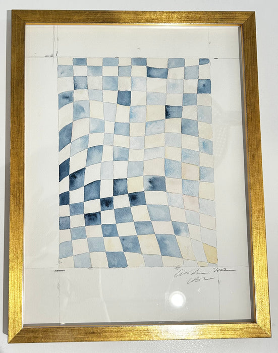 Lia Burke original checkerboard painting Blue and Cream