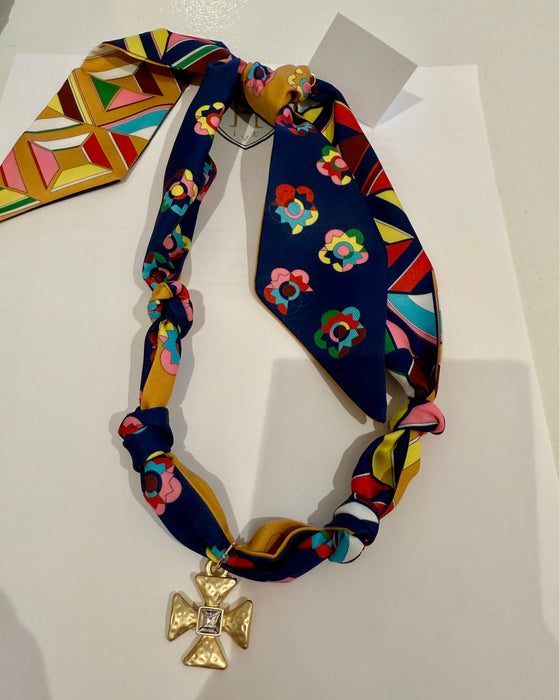 Flower Child Scarf Necklace - Far Out Navy Maltese Cross