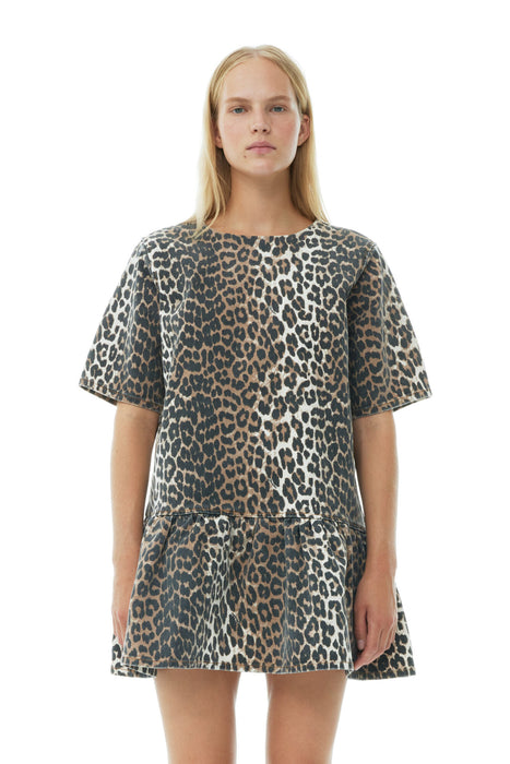 Ganni Leopard Denim Open Back Mini Dress