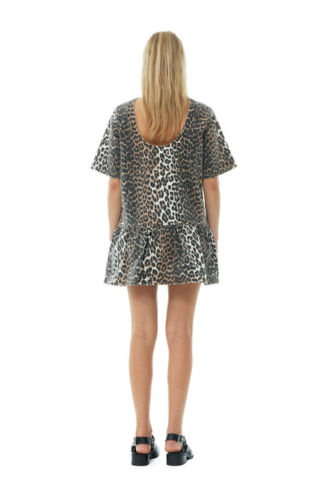 Ganni Leopard Denim Open Back Mini Dress