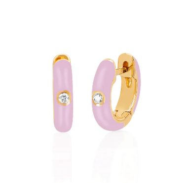 EF COLLECTION 14K SINGLE DIAMOND LIGHT PINK ENAMEL HUGGIE EARRING