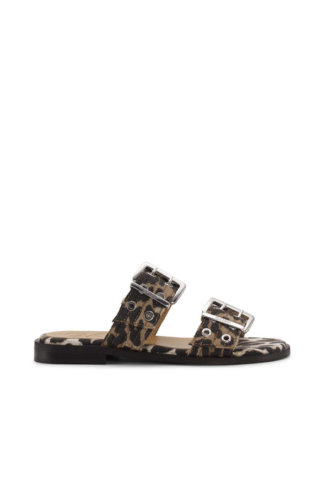 Ganni Feminine Buckle Two Strap Sandal Leopard Print