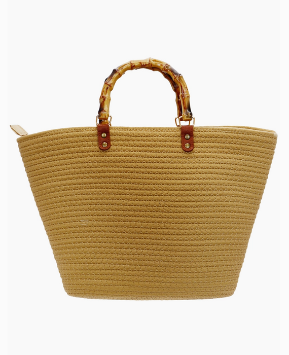 Oversized Faux Bamboo Handle Braided Woven Beach Tote Bag