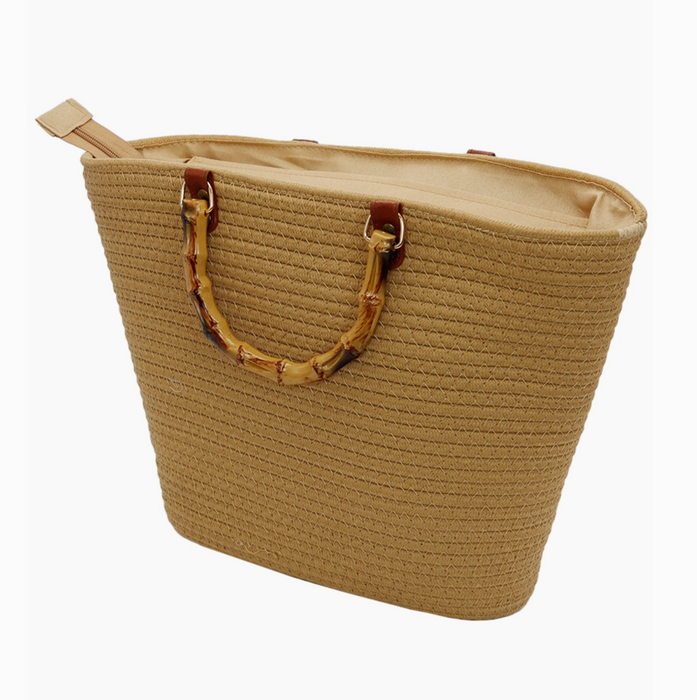 Oversized Faux Bamboo Handle Braided Woven Beach Tote Bag