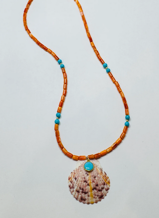Theodosia - CN Coral and turquoise necklace with shell pendant