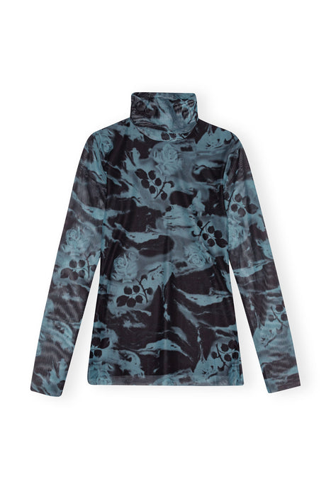 Ganni Printed Mesh Long Sleeve Top