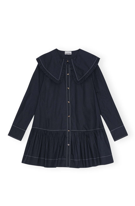 Ganni Cotton Poplin Big Collar Mini Shirt Dress (navy)