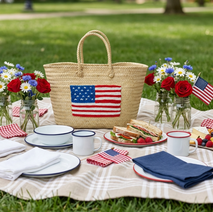 Moroccan Straw Tote with USA Flag – Beach & Market Bag