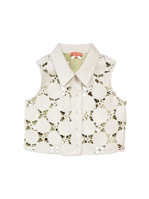 Brooks Ave Olive Sleeveless Button Down Top - White Laser Cut Leather