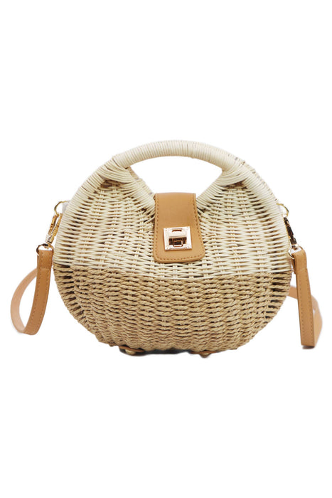 Two Tone Rattan Straw Wicker Circle Purse Bag